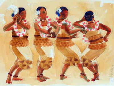 Watercolour of four female dancers from Tonga